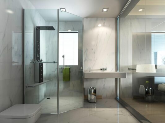 Glass and Mirrors Transparent Glass in Bathroom with Shower WC Toilet
